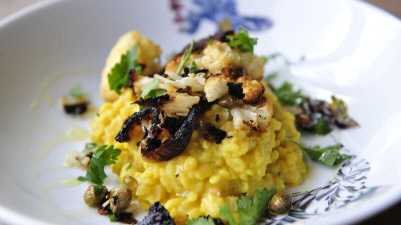 Domini Kemp Mung Dhal Risotto with cauliflower and capers. Photograph: Aidan Crawley
