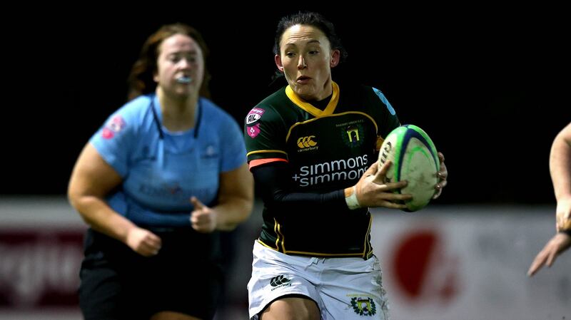 Railway Union’s Lindsay Peat makes a break during the Energia All-Ireland Women’s League Division One match against Galwegians at Willow Lodge. Photograph: Ryan Byrne/Inpho