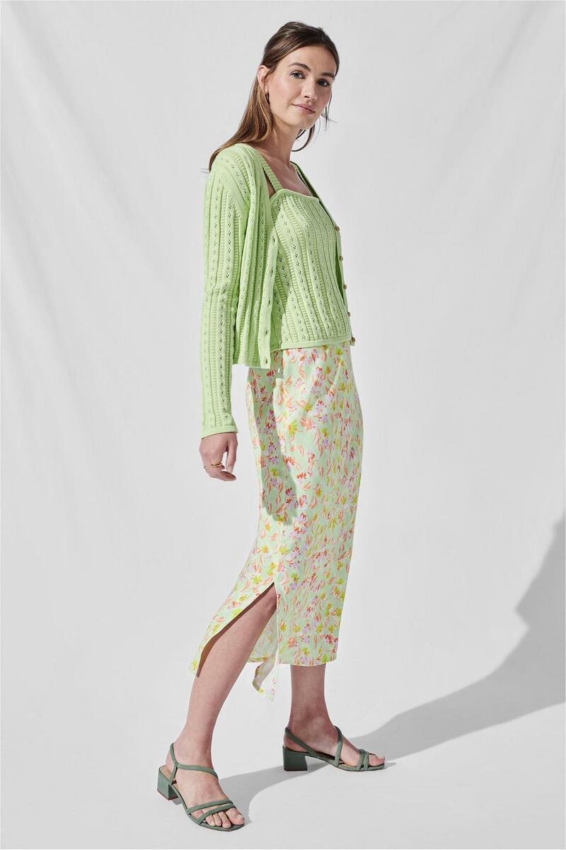 4.	Lime green camisole, €44.50, and bias-cut midi-skirt, €52.50, both Omnes