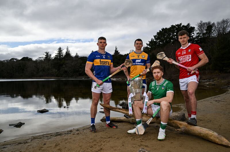 Hurlers, from left, Tipperary captain Ronan Maher, Ryan Taylor of Clare, Limerick captain Cian Lynch and Alan Connolly of Cork at the launch of the Munster championship. Photograph: Brendan Moran/Sportsfile