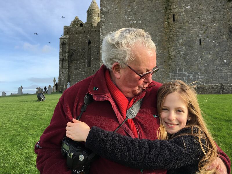 Julian Gough's father Dick and daughter Sophie at the Rock of Cashel