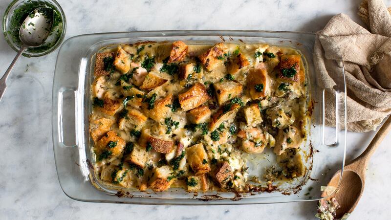 The finished pie with its crunchy and squidgy topping of butter-soaked sourdough croutons