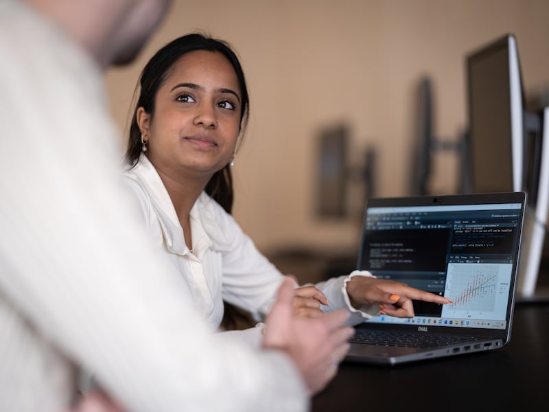 Second year student Meghana Dugyala during her computational biology class learning how to use programming languages R and Python to analyse data in a health setting