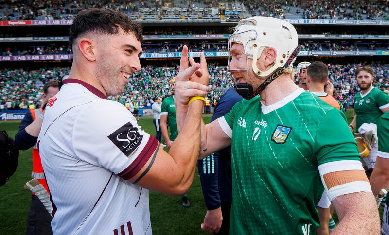 Patrickswell clubmen Aaron Gillane and Cian Lynch celebrate after Limerick's victory over Galway. Photograph: Ryan Byrne/Inpho 