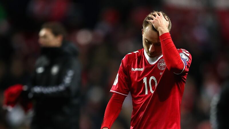Christian Eriksen of Denmark looks dejected after the World Cup qualifier play-off: first leg in Copenhagen. Photograph: Catherine Ivill/Getty Images