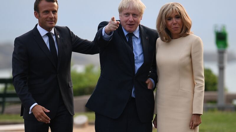 French president Emmanuel Macron and his wife Brigitte with British prime minister Boris Johnson  at the official welcome during the G7 summit in Biarritz, France. Photograph: Neil Hall/PA Wire