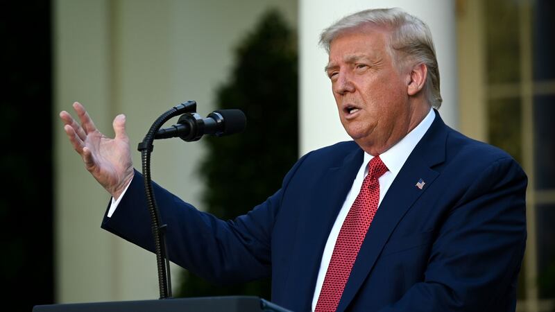 Donald Trump continuing his monologue in  in the Rose Garden of the White House on Tuesday. Photograph: Jim Watson/AFP via Getty Images