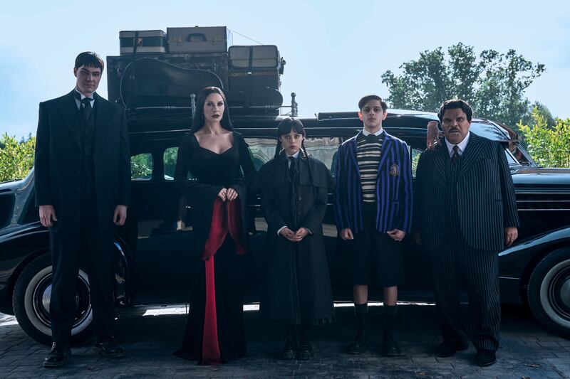 Joonas Suotamo, Catherine Zeta-Jones, Jenna Ortega, Isaac Ordonez and Luis Guzmán in series two of Wednesday. Photograph: Helen Sloan/Netflix