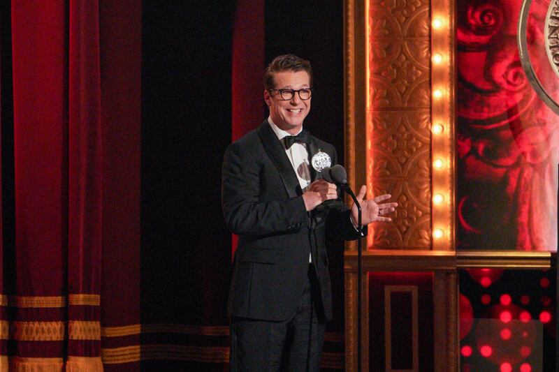 Sean Hayes accepts the Tony Award for best performance by an actor in a leading role in a play for Good Night, Oscar. Photograph: Sara Krulwich/The New York Times