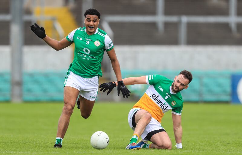 London's Joshua Obahor vies for the ball with Offaly's with Aaron Leavy during the teams' Tailteann Cup encounter last year. Photograph: Evan Treacy/Inpho