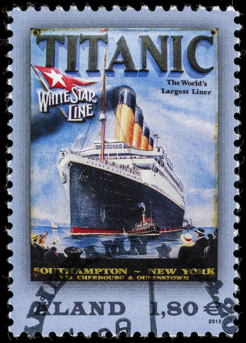 A 2012 Aland postage stamp with a reproduction of one of the original posters used by White Star Line to advertise the Titanic’s maiden voyage from Southampton, UK to New York, USA in April, 1912.
