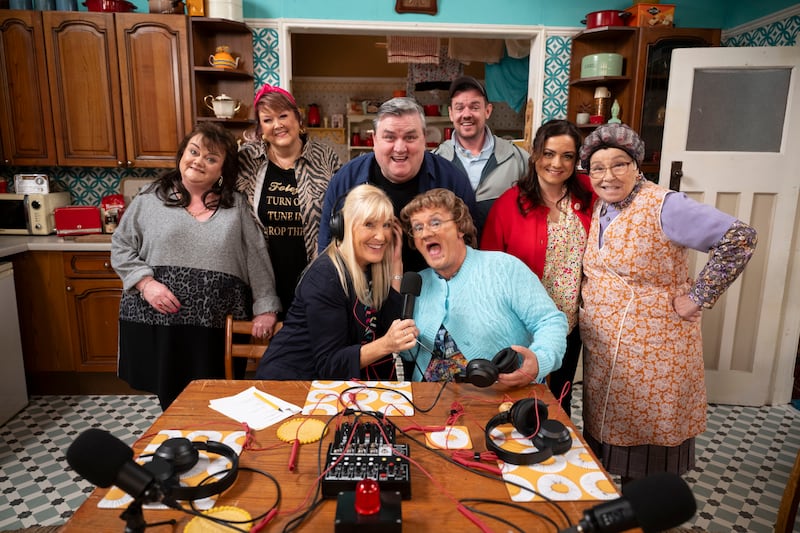 Jennifer Gibney, Simon Delaney, Brendan O'Carroll and the cast in Mrs Brown's Boys. Photograph: Graeme Hunter/BBC Studios/BOC
