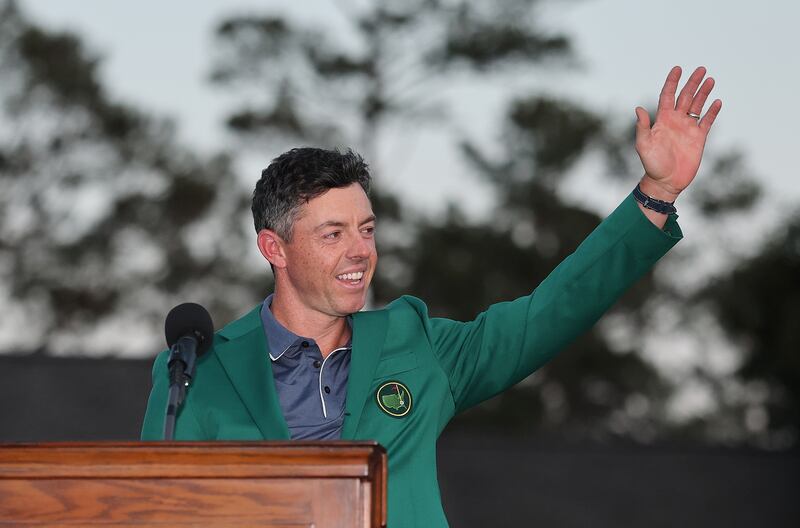 Job done: Rory McIlroy during the green jacket ceremony. He brought impressive form into this year's Masters with two wins on the PGA Tour. Photograph: Michael Reaves/Getty Images