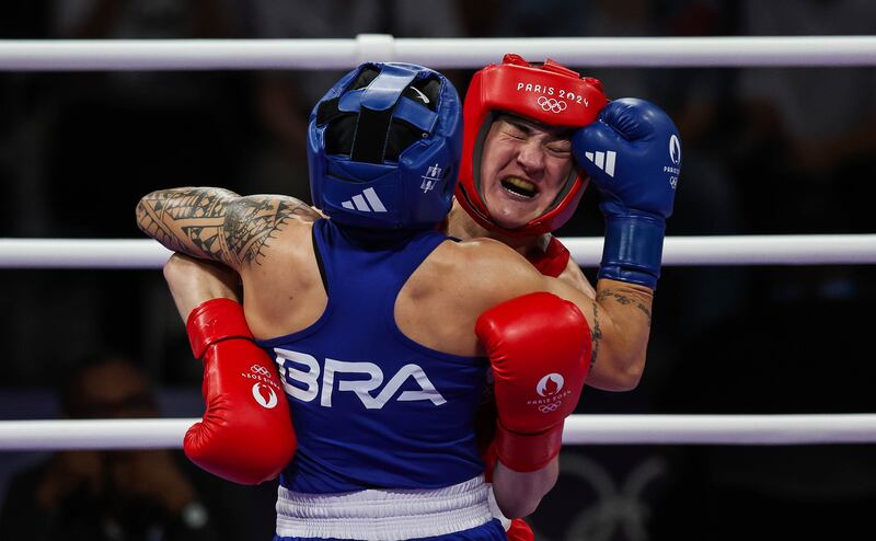 Ireland’s Kellie Harrington and Beatriz Iasmin Soares Ferreira of Brazil get to grips with each other. Photograph: Ryan Byrne/Inpho
