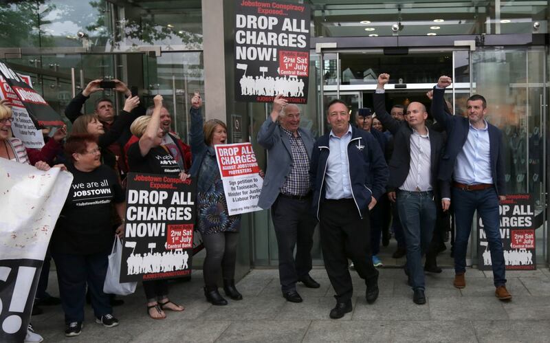 Paul Murphy among those leaving Dublin Circuit Criminal Court after they were found not guilty on charges of falsely imprisoning then-tánaiste Joan Burton and her then-assistant at a water charges protest in Jobstown, Dublin, in late 2014. Photograph: Collins Courts