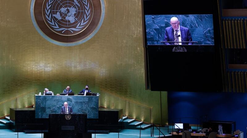 Russian ambassador to the United Nations and current Security Council president Vassily Nebenzia speaks in the UN General Assembly hall during a meeting on the conflict situation in Ukraine at UN headquarters in New York. Photograph: Jason Szenes/EPA