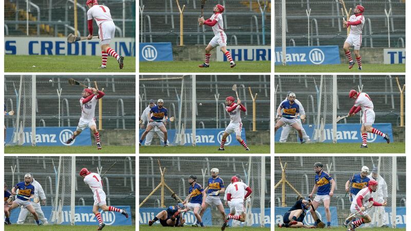 Cork’s Anthony Nash scores a  penaltyduring a league game with Tipperary in 2014. Photograph: James Crombie/Inpho