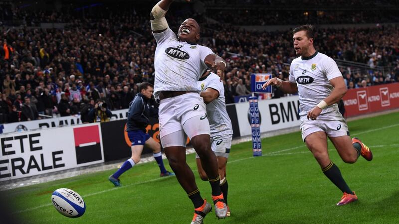 South Africa hooker Bongi Mbonambi celebrates after scoring a late winning  try against France at the Stade de France. Photograph: Anne-Christine Poujoulat/AFP/Getty Images
