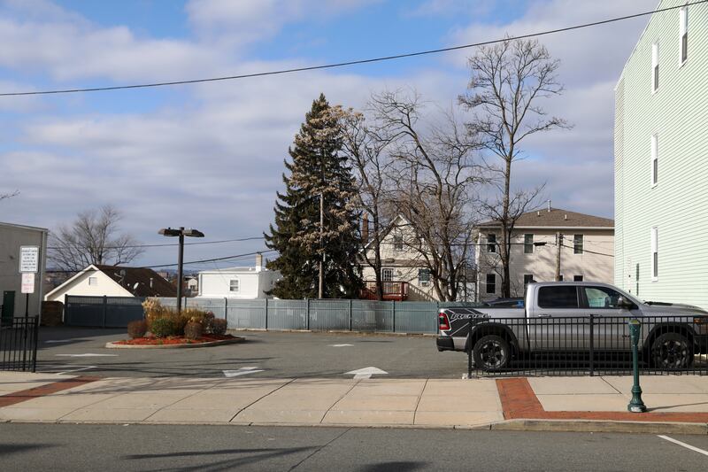 The parking lot once occupied by the building that portrayed the fictional Satriale’s in the HBO series “The Sopranos” on Kearny Avenue. Photograph: Andrea Mohin/The New York Times
                      
