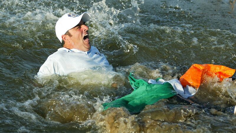 Europe’s Paul McGinley is thrown into a lake after sinking  the winning putt of the 34th Ryder Cup at The Belfry in 2002. Photograph: Jamie Squire/Getty Images