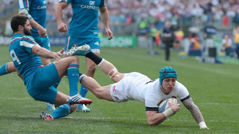 England’s Jack Nowell scores the  fourth try in Rome.  Photograph: Morgan Treacy/Inpho