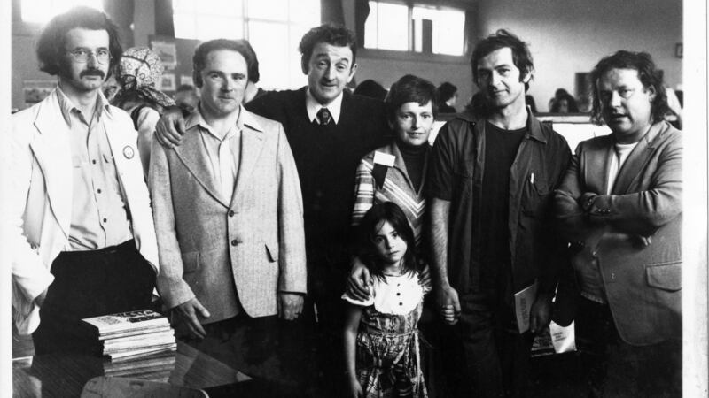 Peter Fallon, John Ennis, John B Keane, Eleanor Scanlon, Nell and Tom Murphy, and Brendan Kennelly at Listowel Writers Week in 1976.