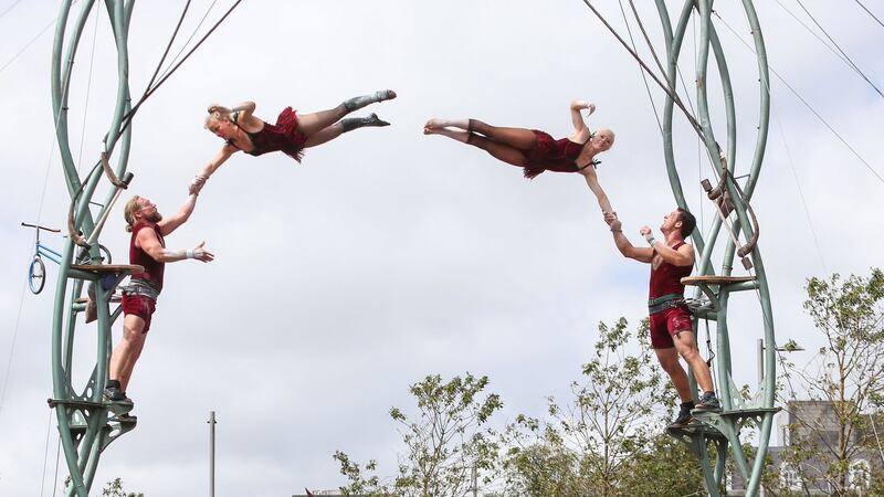 Renowned French company Les P’tit Bras performing their new circus and aerial show The Scent of Sawdust at Eyre Square as part of Galway International Arts Festival. Photograph: Joe O’Shaughnessy