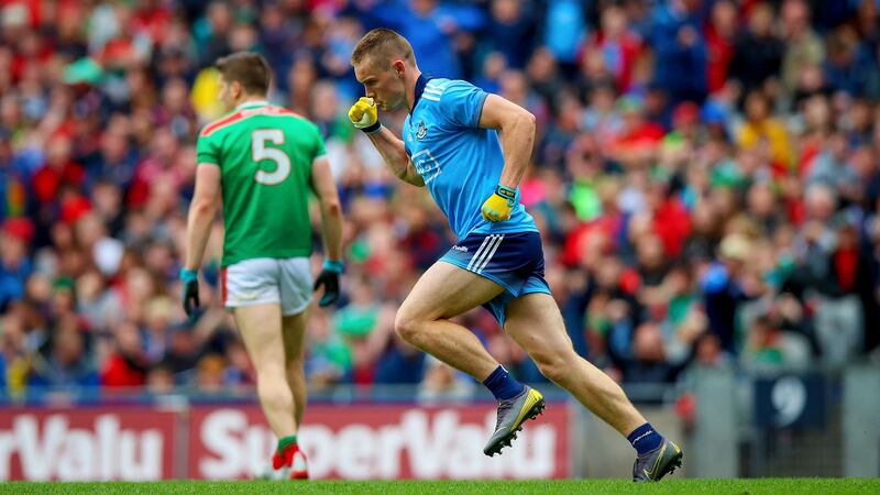 Dublin’s Con O’Callaghan celebrates scoring a goal against Mayo at Croke Park. Photograph: Tommy Dickson/Inpho