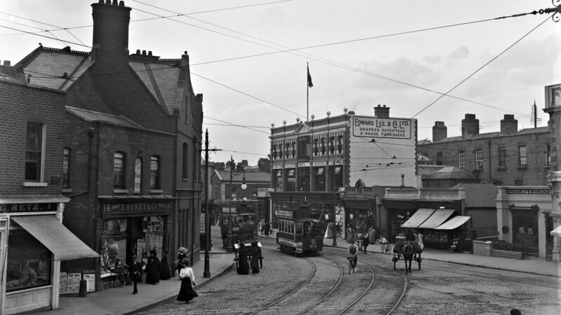 The junction of Rathmines Road Lower and Upper with Rathgar Road, c. 1920. The image shows the area formerly known as The Chains and its last remaining bollard (left foreground). Photograph: National Library of Ireland)