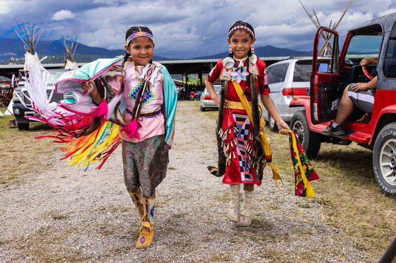 Dancers Harmony Kickingwoman and Braylin Kickingwoman whose family travels every weekend from April to September to compete at powwows. Photograph: Tailyr Irvine/The New York Times