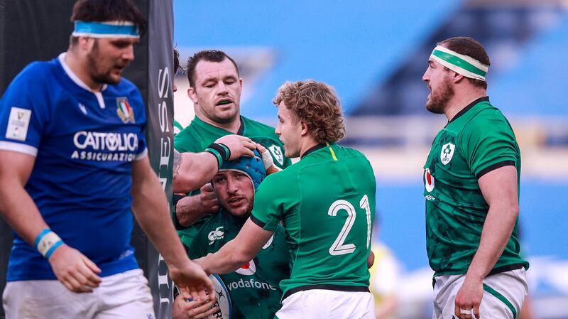 Ireland celebrate after Will Connors’ second try against Italy. Photograph: Tommy Dickson/Inpho