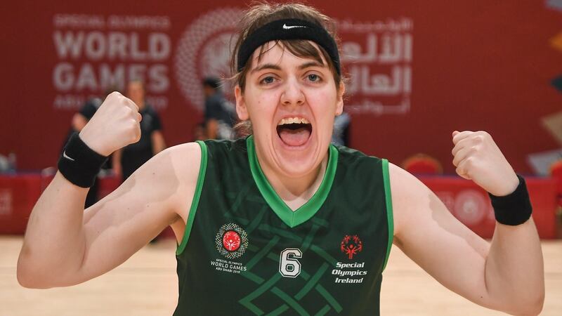 Team Ireland’s Sarah Kilmartin celebrates the team’s 27-15 win to capture the gold medal in basketball at the Special Olympics World Games in Abu Dhabi. Photograph: Ray McManus/ Sportsfile