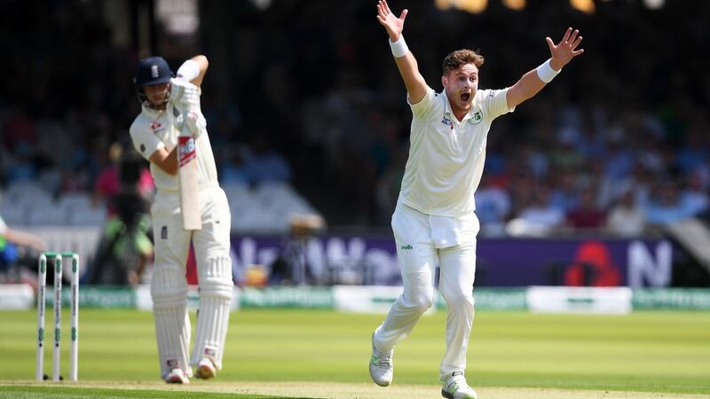 Marl Adair appeals after trapping England captain Joe Root LBW. Photograph: Alex Davidson/Inpho
