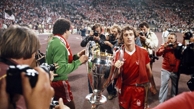 Francis and goalkeeper Peter Shilton parade the trophy after the 1979 European Cup Final. Photo: Steve Powell/Allsport/Getty Images