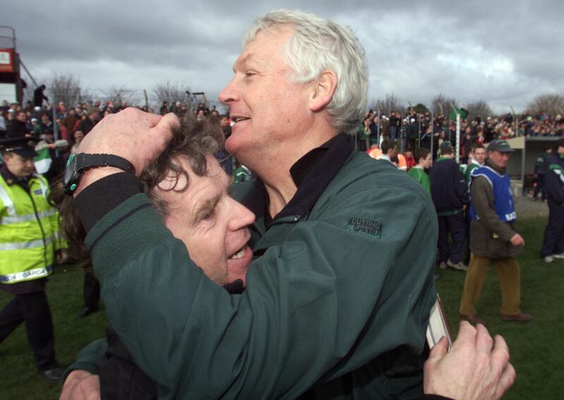 Nemo Rangers selector Jim Cremin is embraced at the final whistle of the 2002 All-Ireland club football championship semi-final by manager Billy Morgan. Photograph: Morgan Treacy/Inpho