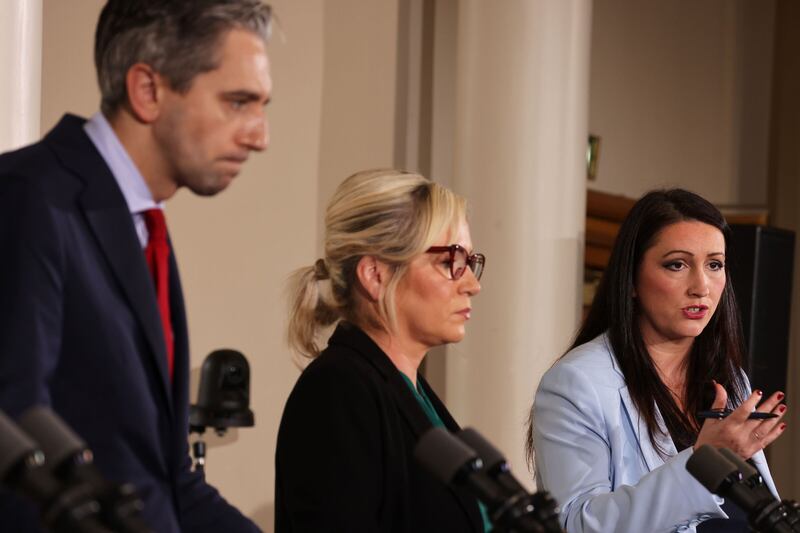 Taoiseach Simon Harris, First Minister Michelle O’Neill and Deputy First Minister Emma Little-Pengelly during a press conference at the end of North/South Ministerial Council meeting at Dublin Castle earlier this month. Photograph: Eamonn Farrell/RollingNews.ie