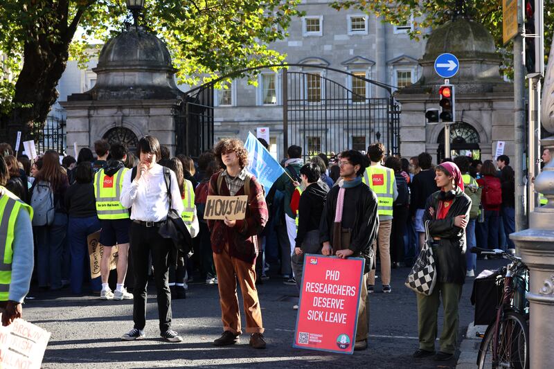 Students who walked out of lectures on Thursday protested outside Leinster House to highlight their anger and frustration ahead of forthcoming general election. Photograph: Dara Mac Dónaill