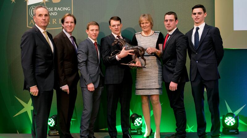 From left James Nicholson, Mike Todd from Down Royal Racecourse who won the Racecourse of the Year Award, Colin Keane who won the Flat Award, Aidan O’Brien who won the Contribution to the Industry Award, Jessica Harrington, who won the National Hunt Award & Horse of the Year Award for Sizing John, Barry O’Neill who won the Point-To-Point Award and Donnacha O’Brien who accepted on behalf of his brother Joseph O’Brien who won the Outstanding Achievement Award. Photograph:  Chris Bellew / Fennells.