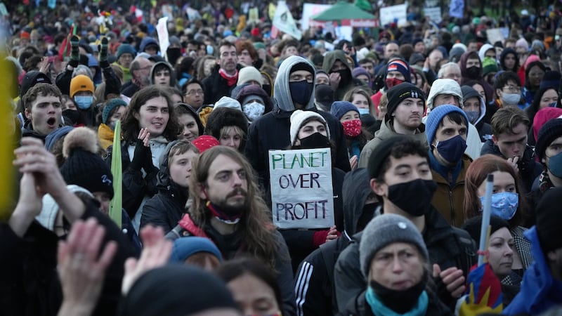 Climate change activists gather at Glasgow Green for the Global Day of Action for Climate Justice march on Saturday. Photograph: Getty