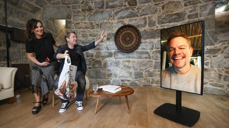 Co-founders of the Dalkey Book Festival Sian Smyth and David McWilliams welcomed back actor Matt Damon virtually to Dalkey with the now famous SuperValu bag as part of the Dalkey Book Festival. Photograph: Conor McCabe Photography