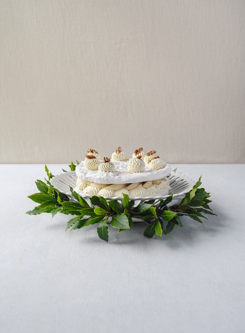 Walnut Meringue Gâteau with Pears