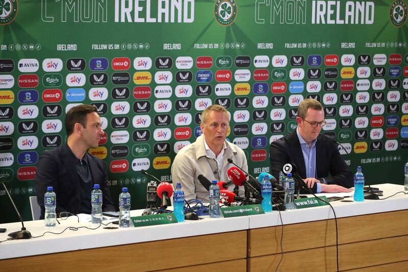 FAI director of football Marc Canham, Republic of Ireland manager Heimir Hallgrímsson and FAI interim chief executive David Courell. Photograph: Bryan Keane/Inpho