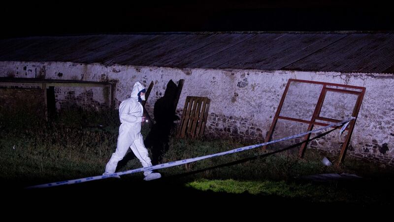 Garda forensics officers pictured at the scene where a man’s body was found in a field at Walterstown, Dunboyne Co Meath. Photograph:  Tom Honan