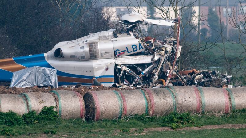 The wreckage of Lord Ballyedmond’s helicopter at the accident site in Gillingham, Norfolk on March  14th,  2014. Photograph: EPA/JASON BYE