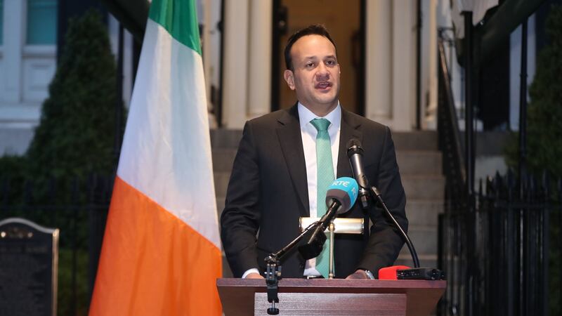 Then taoiseach Leo Varadkar at Blair House, Washington DC, during a press conference where he announced the beginning of the Covid-19 lockdown in March 2020. Photograph: Niall Carson/PA Wire.