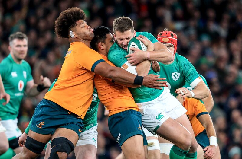 Ireland’s Stuart McCloskey is tackled during the game at the Aviva. Photograph: Dan Sheridan/Inpho