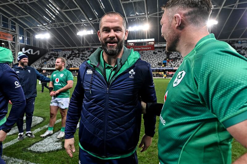 Ireland head coach Andy Farrell celebrates at the end of the second Test in Dunedin. Photograph: Andrew Cornaga/Inpho/Photosport                                                                    