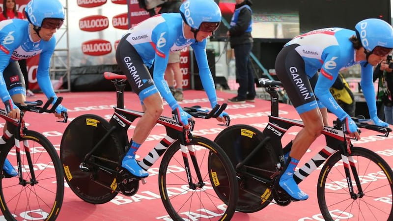 Garmin Sharp’s Dan Martin (centre) before his crash during the time trial of the Giro d’Italia in Belfast. Photograph: Niall Carson/PA Wire
