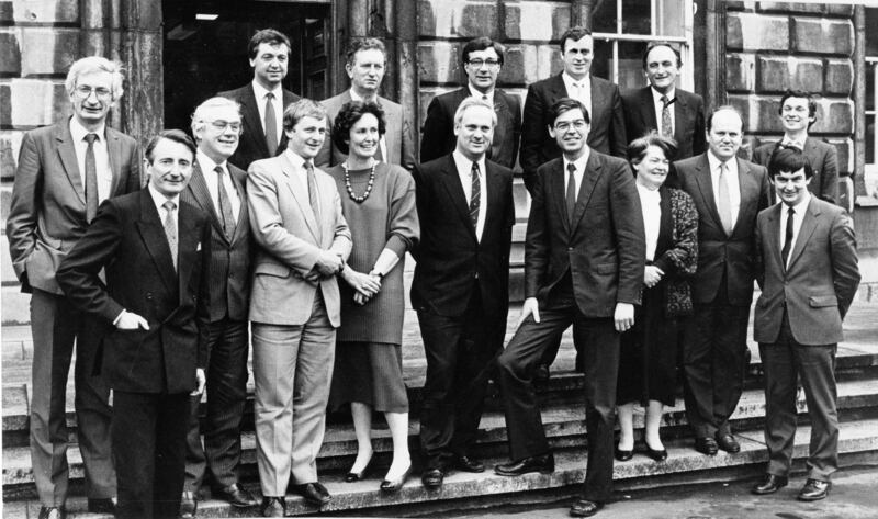 The Fine Gael leader Alan Dukes, with members of his front bench outside Leinster House in March 1987. Richard
Bruton, (right) was the energy spokesman. Photograph: Jack McManus 