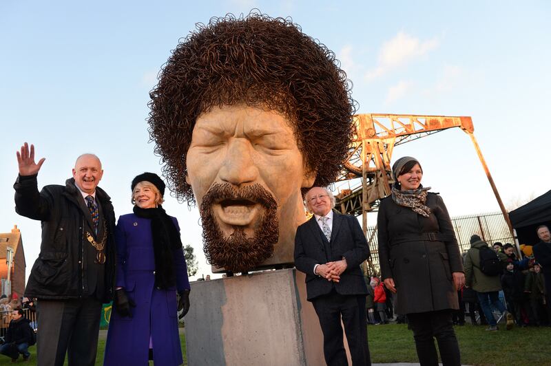 President Michael D Higgins and his wife Sabina, with then mayor Nial Ring and artist Vera Klute, at the unveiling of her statue of Dublin musician, activist and actor Luke Kelly. Photograph: Dara Mac Dónaill 